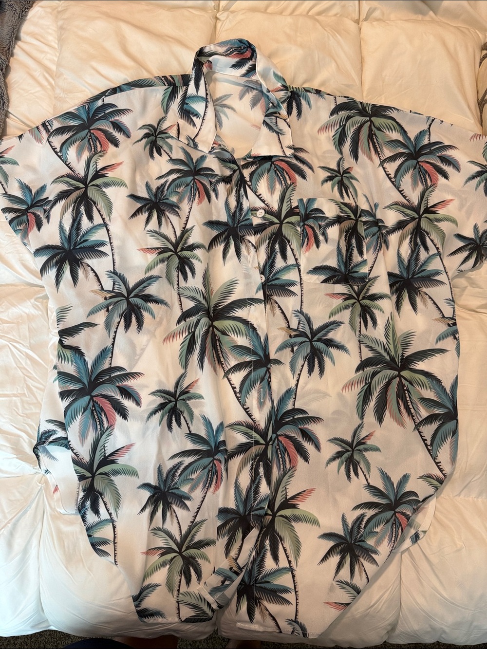 Tropical Palm Print Button-Up Shirt — White with Teal & Black Palms